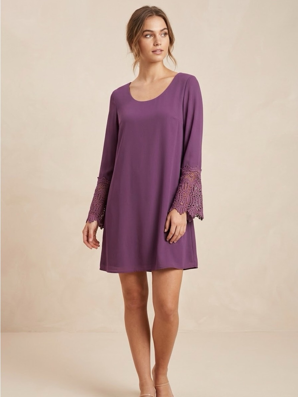 NWT Charming Charlie Purple Shift Dress Lace Cuffs - Medium